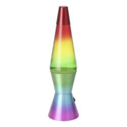 Rainbow-colored lava lamp standing upright on a white background used as a decorative lamp image.