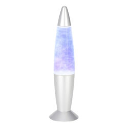 Purple and blue lava lamp with a silver base and cap, a decorative desk ornament.