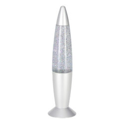 Glittery lava lamp standing on a white base and base, with silver cap and glittery liquid centerpiece on a white background