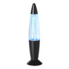 Blue lava lamp with black base and cap, glowing blue wax inside.
