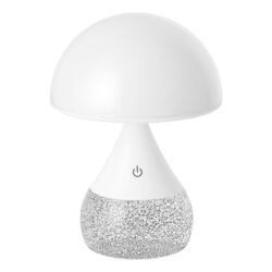White mushroom-shaped table lamp with a glittery base and an on/off button on the stem