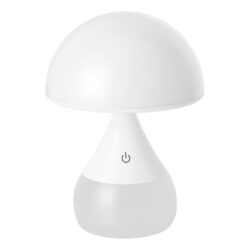 White mushroom-shaped table lamp with a rounded shade and a power button on the stem