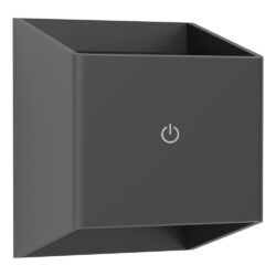 Dark gray cube-shaped device with a white power symbol on its front panel on a beveled edge box.