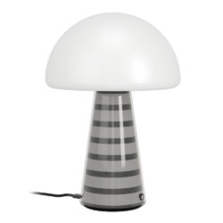 White mushroom-style table lamp with a striped gray base and cord flowing out the bottom.
