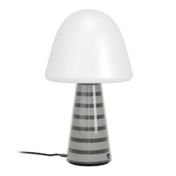 White mushroom-shaped table lamp with a glossy striped gray base and power cord on a white background