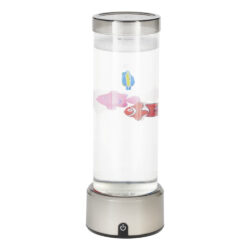 Tall cylindrical bubble lamp with floating fish decorations in water, on a metallic base with power button.