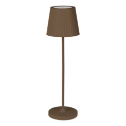 Brown floor lamp with a pleated, cone-shaped shade and round base on a slim stand.