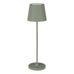 Green floor lamp with a pleated, conical shade and round base on a slim stand.