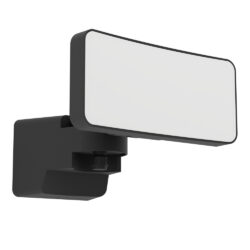 Black outdoor wall-mounted adjustable light fixture with a rectangular white panel head and knob for angle adjustment, viewed from the side.