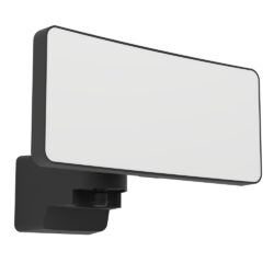 Rectangular wall-mounted mirror with rounded corners on an adjustable black arm.