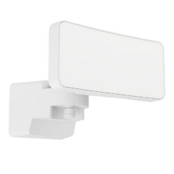 White wall-mounted rectangular LED light fixture with an adjustable arm and clamp.