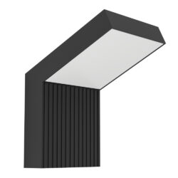 Black angled outdoor wall light fixture with a ribbed rectangular base and a slanted top shade.