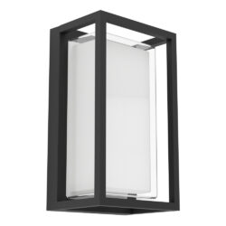 Outdoor wall-mounted lantern-style light fixture with a rectangular frosted glass shade inside a black metal frame