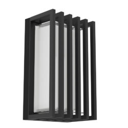 Modern black rectangular cage-style wall sconce with a frosted glass shade centered inside the frame