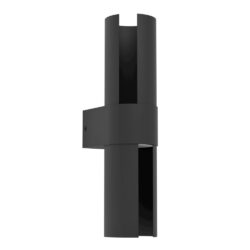 Black metal pipe clamp around a vertical cylindrical tube, securing two bars together, on a light background.