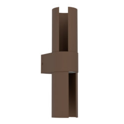 Brown metal clamp joining two vertical brown posts with a central band around them (industrial joint) ≈ close-up of a structural connector.