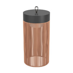 Copper cylindrical pendant lamp with vertical slats and a black top, hanging loop at the top.