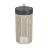 Cylindrical lamp with vertical beige slats, dark gray top cap, and a hanging loop at the center; visible inner light bulb inside.