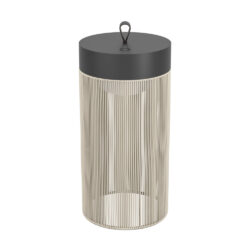 Cylindrical lamp with vertical beige slats, dark gray top cap, and a hanging loop at the center; visible inner light bulb inside.