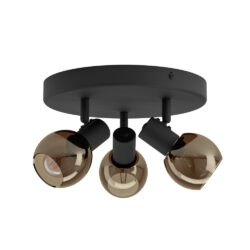 Ceiling mount with four adjustable black spotlights and amber glass bulbs.