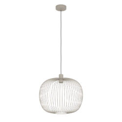 Beige spherical wire pendant light hanging from ceiling mount with a black cord.