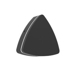 Compact triangular dark gray speaker with a thin silver rim along its curved edge