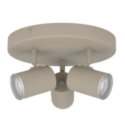 Ceiling-mounted fixture with three adjustable beige spotlights around a central stem in a circular base