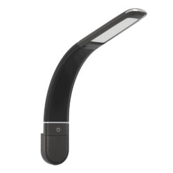 Black curved desk lamp with a rectangular LED panel and a single round power button on the base side