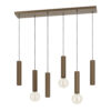 Six-bulb pendant light fixture with ribbed brown cylinders hanging from a rectangular ceiling plate, exposed bulbs visible.