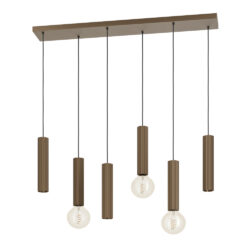 Six-bulb pendant light fixture with ribbed brown cylinders hanging from a rectangular ceiling plate, exposed bulbs visible.
