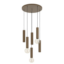 Five-bulb pendant chandelier with brown ribbed cylinders and exposed filament bulbs, suspended from a round ceiling plate.