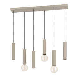 Six pendant lights hang from a rectangular ceiling plate; beige ribbed cylindrical shades with exposed bulbs underneath.