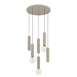 Modern multi-pendant ceiling light with beige cylindrical pendants and exposed bulbs in a staggered cluster