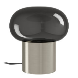 Brushed stainless steel cylindrical base with a dark gray rounded glass shade lamporous?