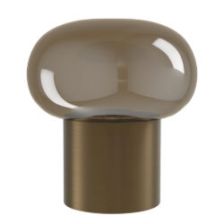 Bronze table lamp with a large glossy taupe mushroom shade and cylindrical base.