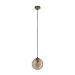 Hanging pendant light with a bronze ceiling mount and a hammered glass globe shade on a black cord