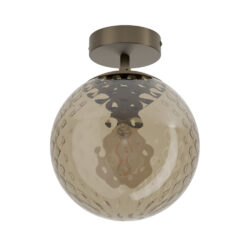 Bronze ceiling mount with a large, textured amber glass globe light fixture hanging from the ceiling