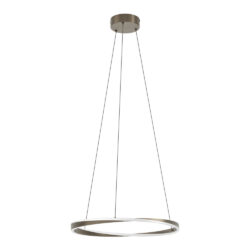 Circular ring pendant light hanging from three suspension cables with a bronze finish, designed for ceiling illumination.