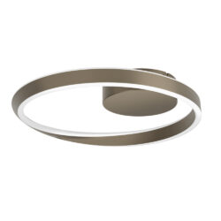 Circular ceiling light fixture with two intertwined bronze rings emitting soft light on white background