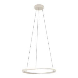 Modern circular pendant light hanging from three cables with a white ring fixture