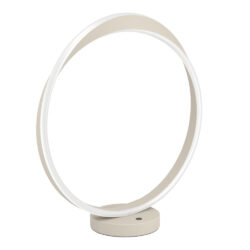 Beige circular LED ring lamp on a small base, modern minimalist design.