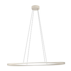 Modern circular pendant light: thin beige ring suspended by multiple cables from a ceiling mount.