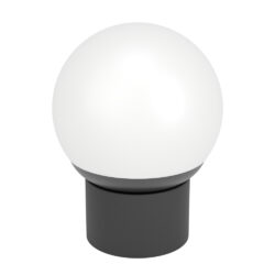 White globe lamp resting on a dark cylindrical base, resembling a small table lamp.