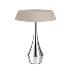 Table lamp with a cream fabric shade and a polished chrome, faceted base.