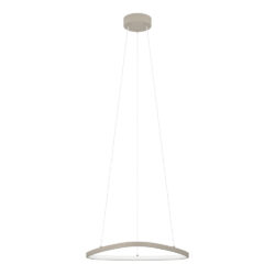 Beige circular ring pendant light suspended by three cables from a ceiling canopy
