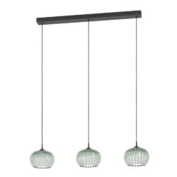 Three ribbed glass pendant lights hanging from a dark rectangular ceiling bar, in a row.