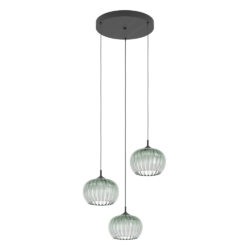 Three pendant lights with green ribbed glass globes hanging at different heights from a round black ceiling plate.