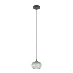 Pendant light with a ribbed green glass shade hanging from a black cord and rounded ceiling mount.",