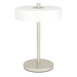 White cylindrical-lamp shade on a slim metallic stand with a round base, modern desk lamp.