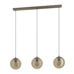 Three amber glass pendant lights suspended from a rectangular ceiling mount.